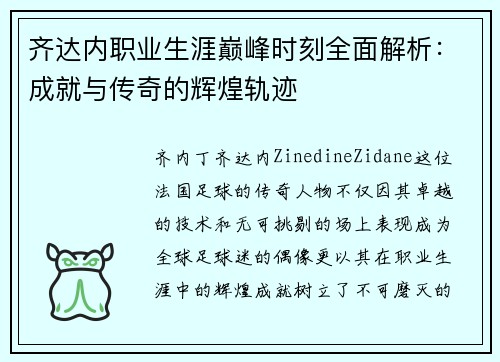 齐达内职业生涯巅峰时刻全面解析：成就与传奇的辉煌轨迹