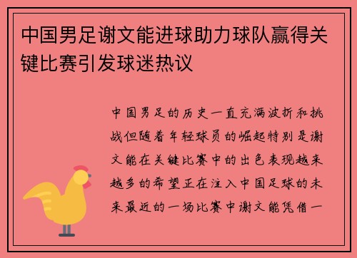 中国男足谢文能进球助力球队赢得关键比赛引发球迷热议