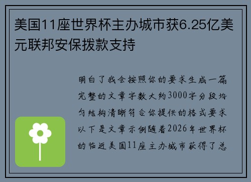 美国11座世界杯主办城市获6.25亿美元联邦安保拨款支持 美国11座世界杯主办城市获6.25亿美元联邦安保拨款支持