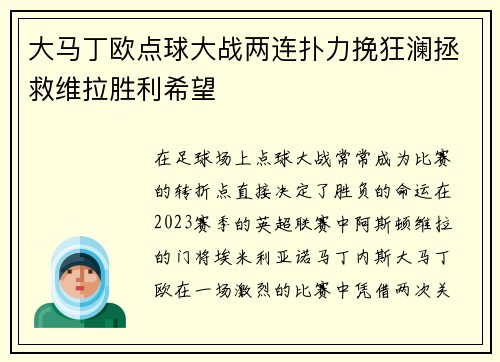 大马丁欧点球大战两连扑力挽狂澜拯救维拉胜利希望 大马丁欧点球大战两连扑力挽狂澜拯救维拉胜利希望