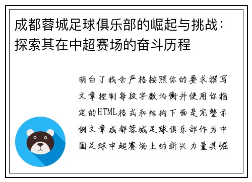 成都蓉城足球俱乐部的崛起与挑战：探索其在中超赛场的奋斗历程